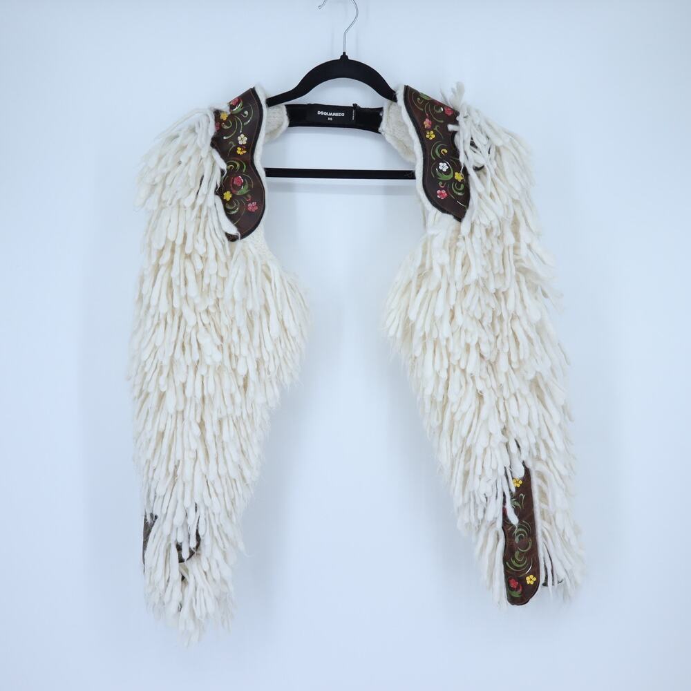 DSquared2 2018 Saddle Sleeves Western White Knit Wool and Leather Women's XS
